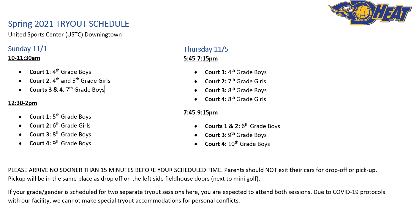 2021 Tryout Schedule 2021 Tryout Schedule